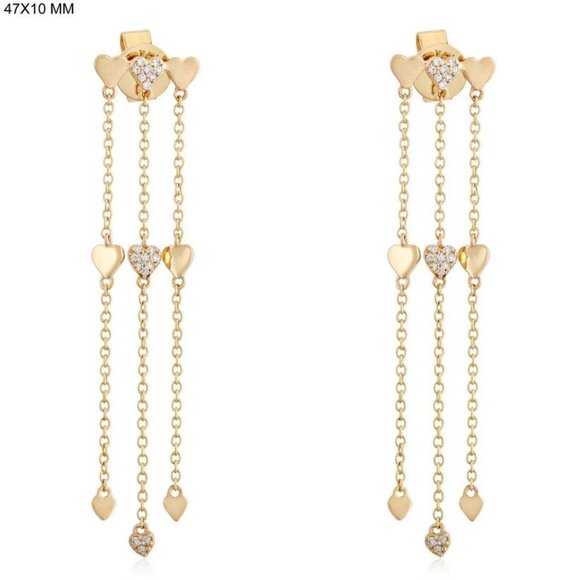 Triple Heart Dangle Diamond 14K (or 18k upon request) Yellow Gold Drop Earrings